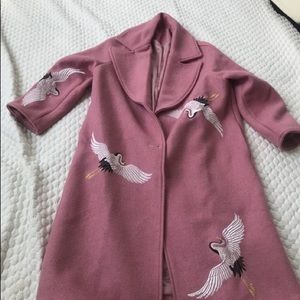 Wool Winter Coat- Pink with embroidered Cranes